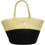 Straw Tote: Woven Wheat Straw Tote - 2 Tones - Black - BG-R11053BK